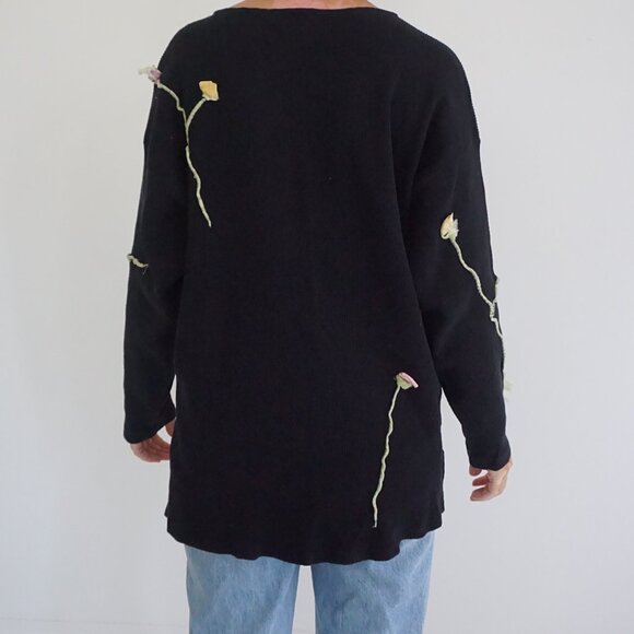 Vintage Maureene Keene Black Knit 3D Floral Vine Pullover Tunic One Size - Picture 2 of 10